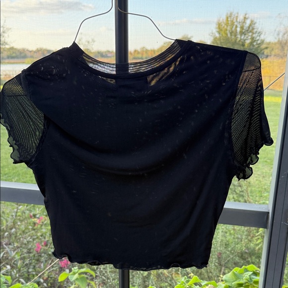 Cider Black Mesh Sheer crop top with Embroidered flower and butterfly design - Picture 2 of 3